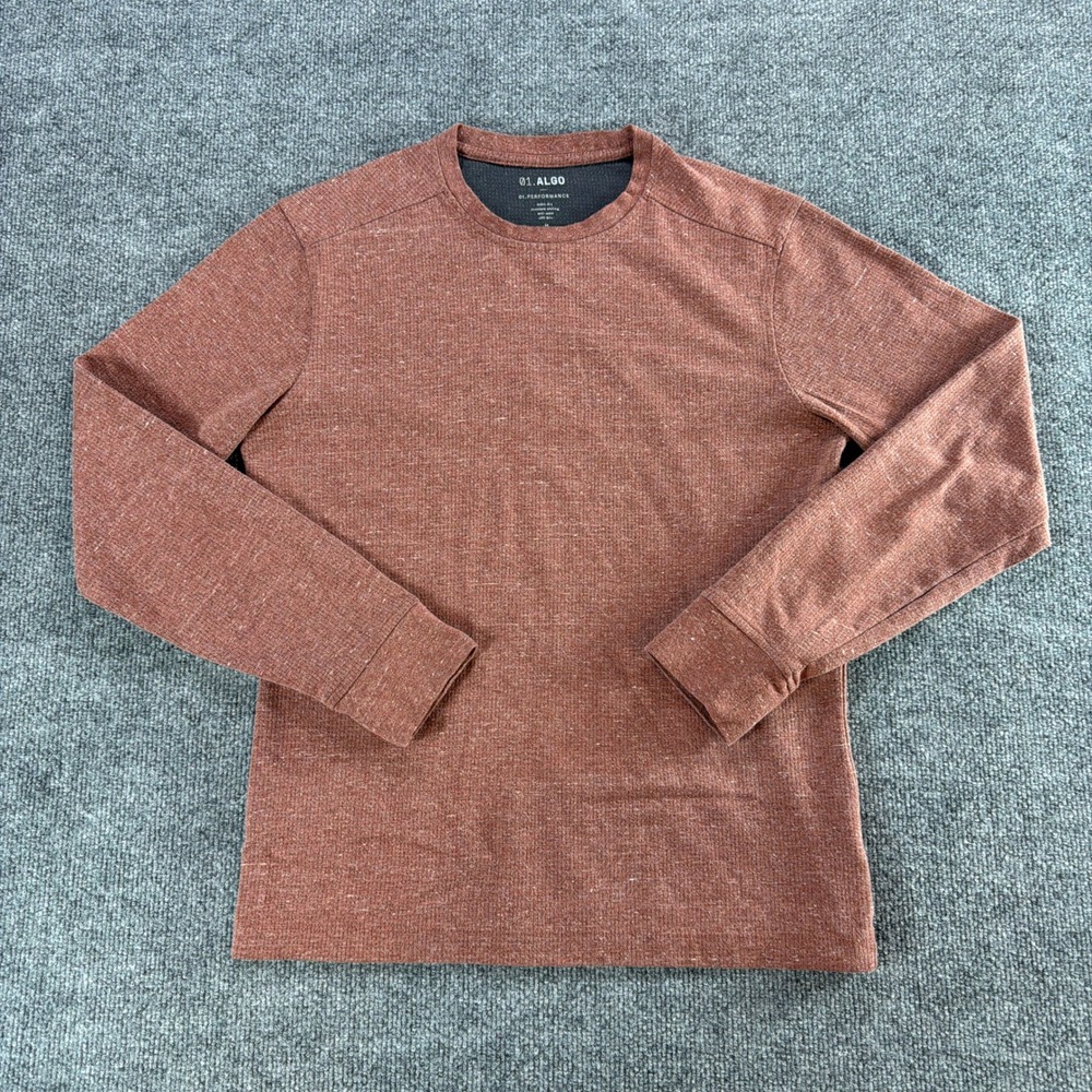 01.Algo Performance Mens Med Rust Orange Long Sleeve Waffle Knit Shirt UPF 50+